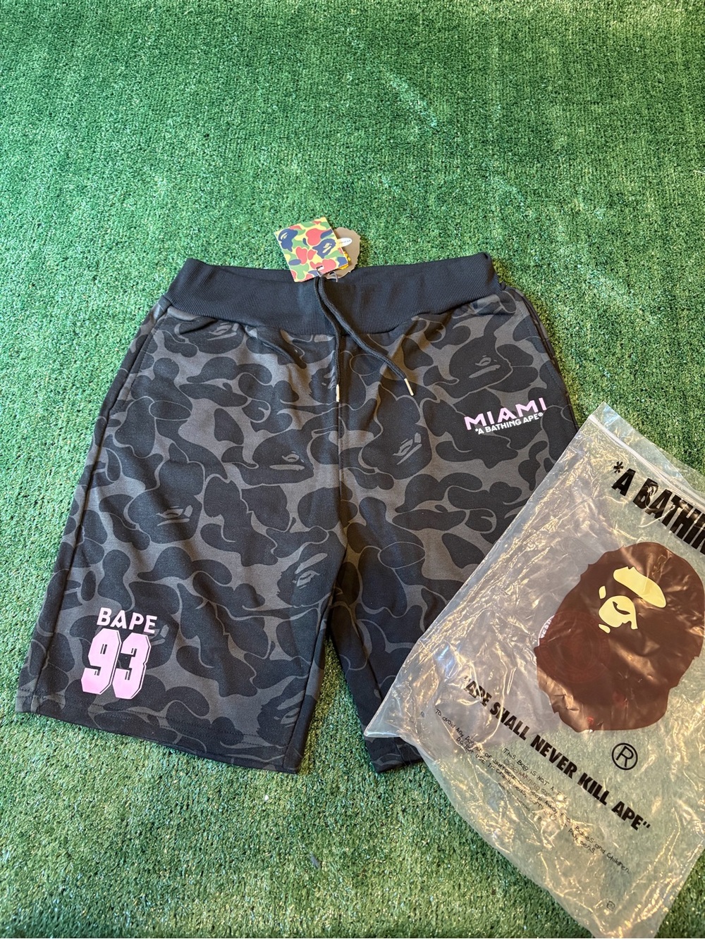 BAPE Miami Camo Athletic Shorts in Black with Pink Accents